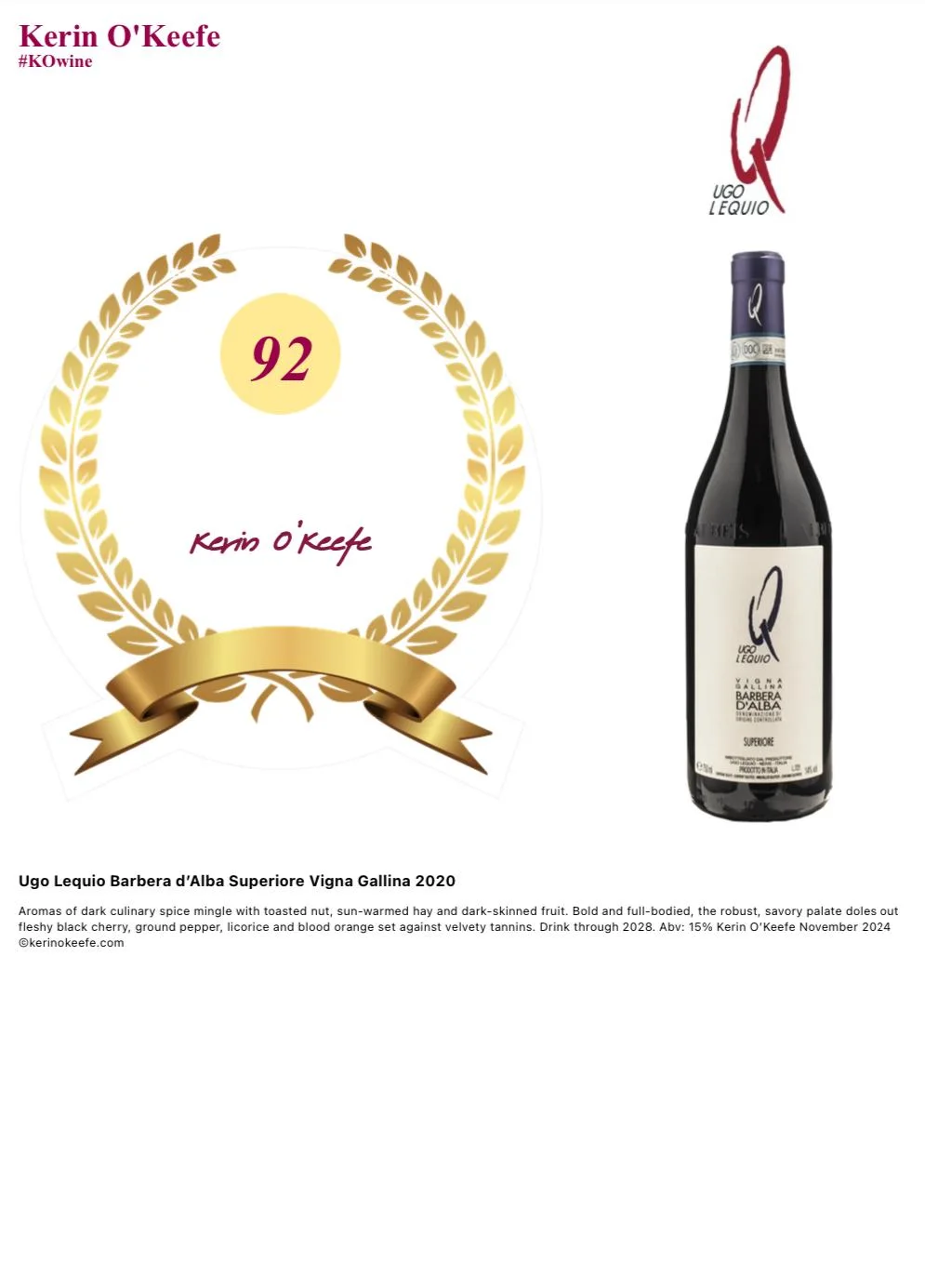 Kerin O’Keefe: Barbera d’Alba Superiore Vigna Gallina 2020, 92/100